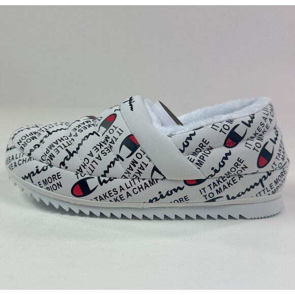 Champion Varsity Reflective Logo Silver / Black Fux Fur Slippers Unisex - Picture 6 of 10